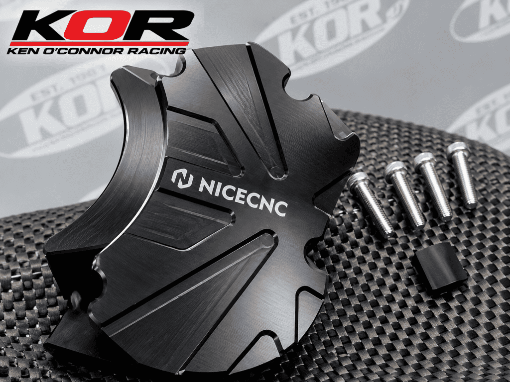 Black NICECNC Yamaha Blaster oil pump cover beside four bolts and a black component on a textured surface with the KOR logo