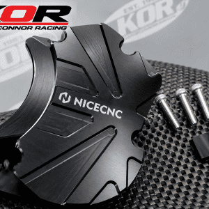 Black NICECNC Yamaha Blaster oil pump cover beside four bolts and a black component on a textured surface with the KOR logo