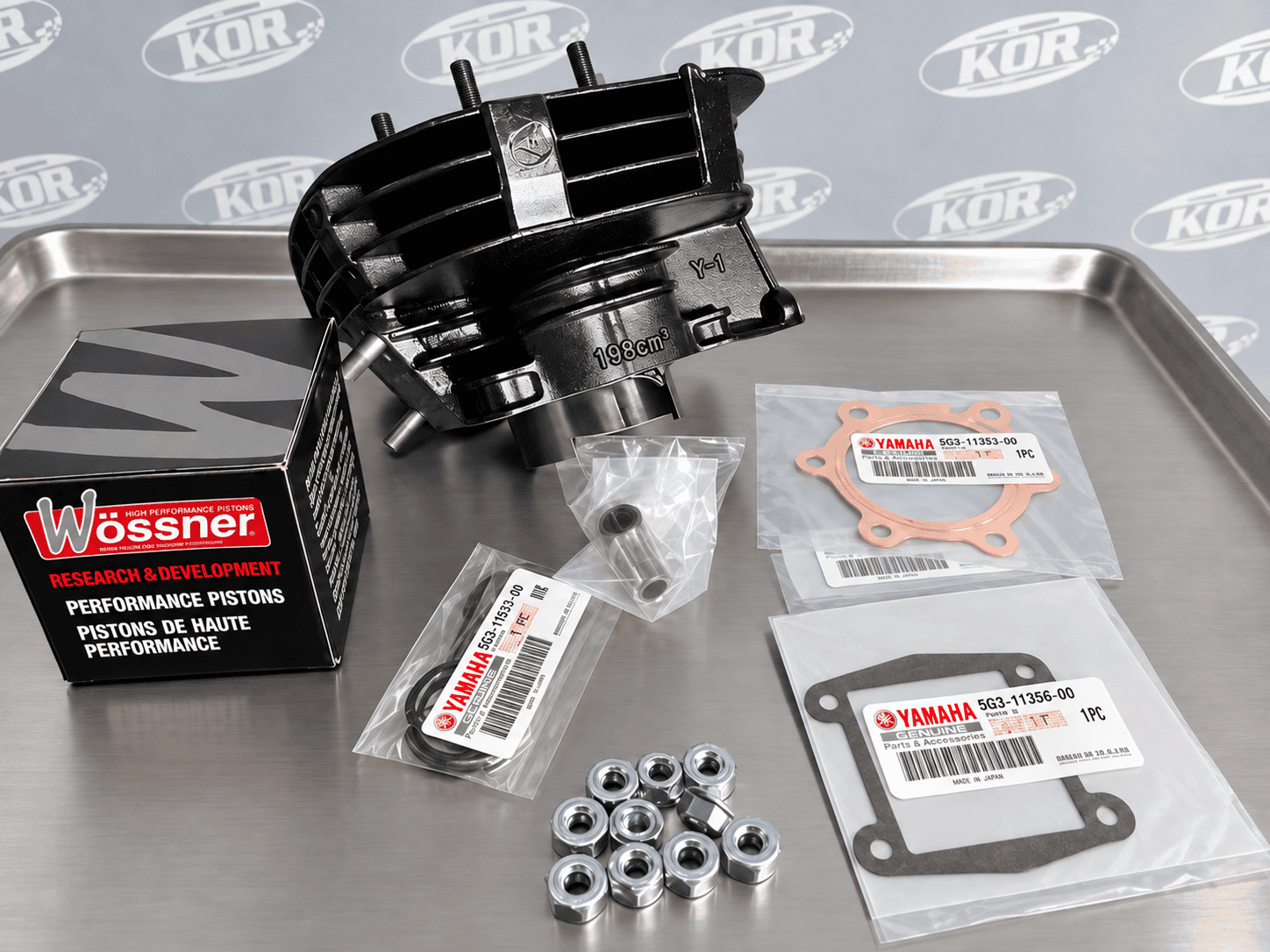 Yamaha Blaster 198cc cylinder kit with Wossner piston, OEM Yamaha gaskets, wrist-pin bearing and mounting hardware