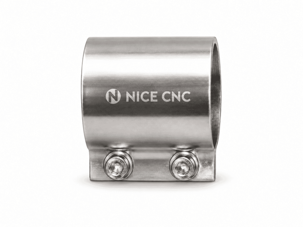 NICE CNC metal exhaust coupler with two clamp screws on a white background.