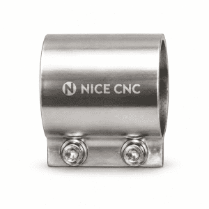 NICE CNC metal exhaust coupler with two clamp screws on a white background.