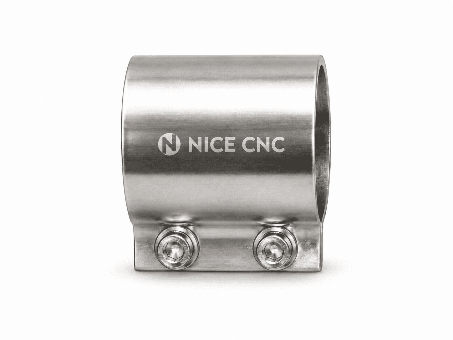 NICE CNC metal exhaust coupler with two clamp screws on a white background.