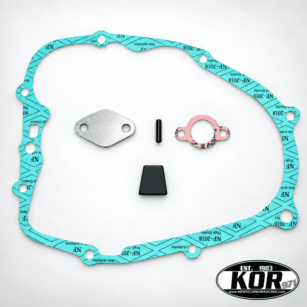 Yamaha Blaster oil pump delete kit with clutch cover gasket, block-off plate, gaskets, plug, and KOR logo