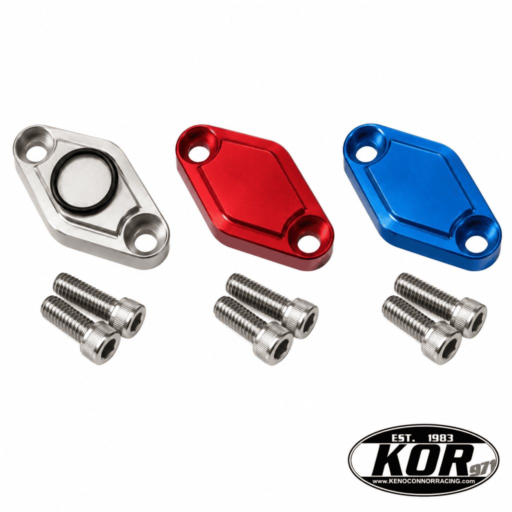 Yamaha Blaster parking brake block off plates in aluminum, red, and blue with O-ring and stainless-steel screws