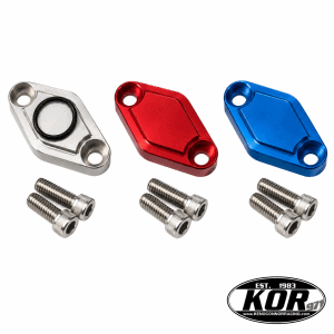 Yamaha Blaster parking brake block off plates in aluminum, red, and blue with O-ring and stainless-steel screws