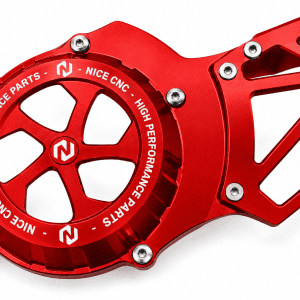 Red NICE CNC Yamaha Blaster flywheel cover with circular openings, a slotted extension and silver fasteners.