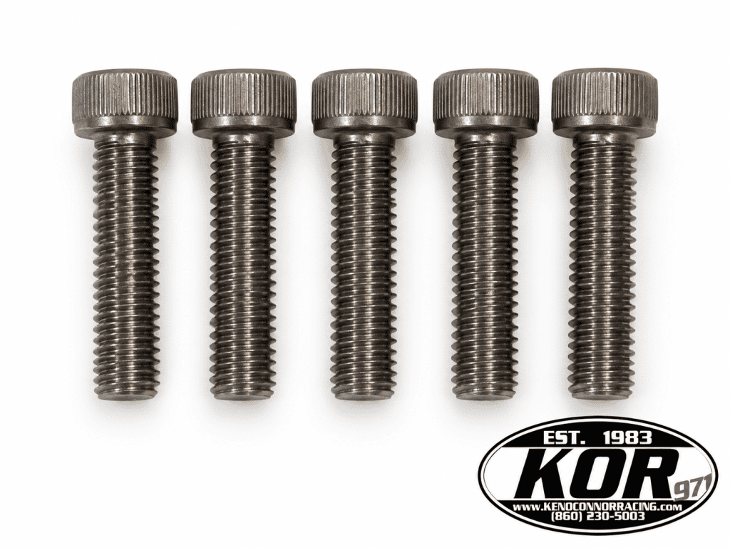 Five Yamaha Blaster stator cover socket head bolts arranged on a white background with KOR logo