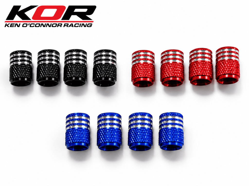 Black, red and blue valve stem caps arranged in groups of four on a white background with the KOR logo
