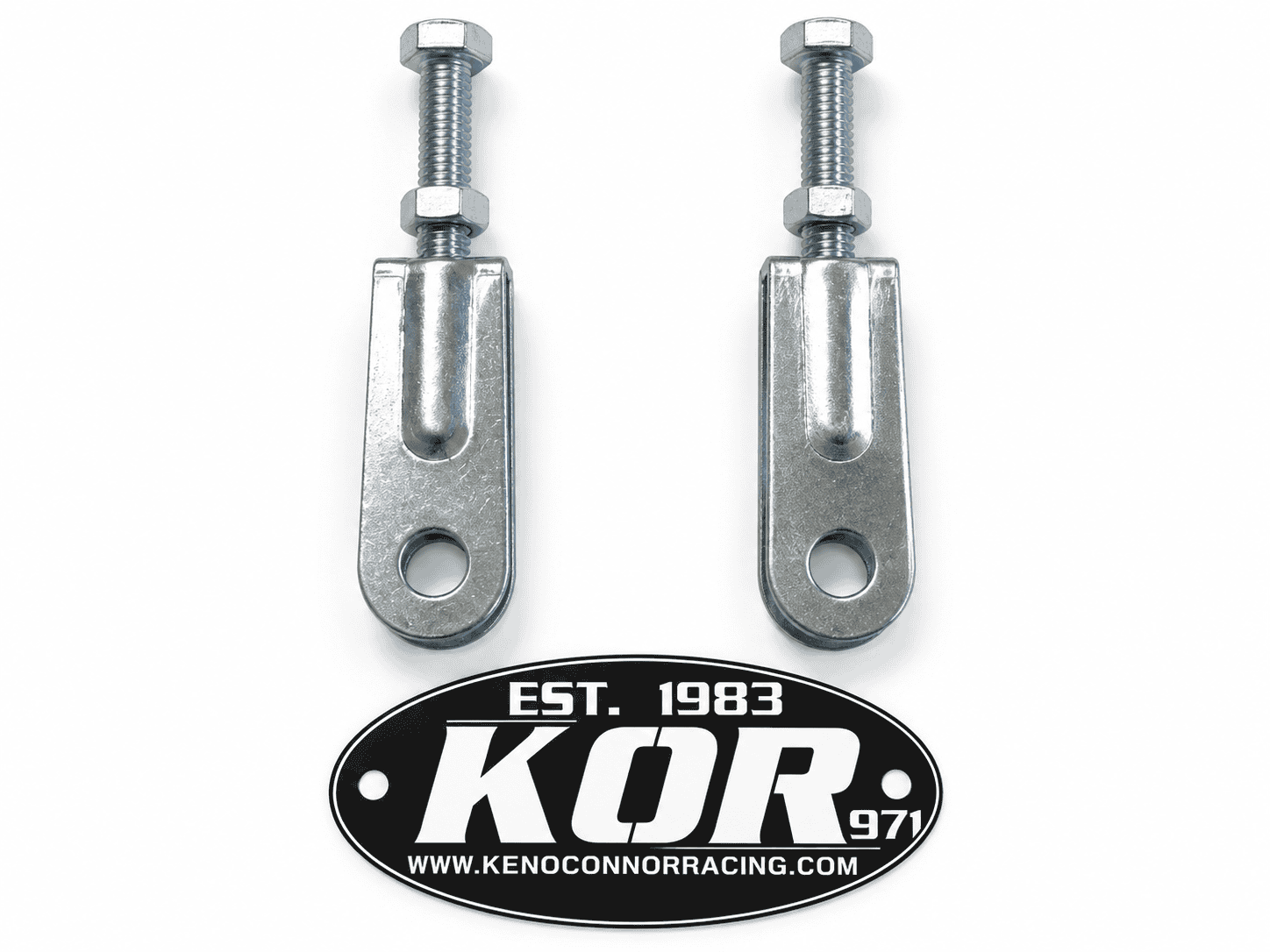 Two Yamaha Blaster chain adjusters with threaded bolts and nuts on a white background above the black and white KOR logo.
