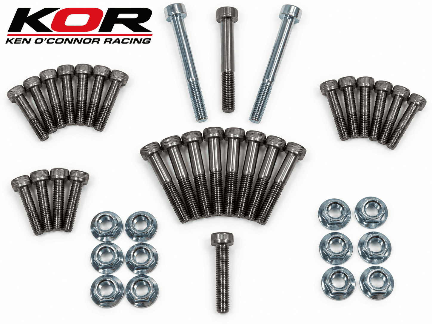 Yamaha Blaster master engine bolt kit with socket-head bolts and flange nuts arranged on a white background with the KOR logo