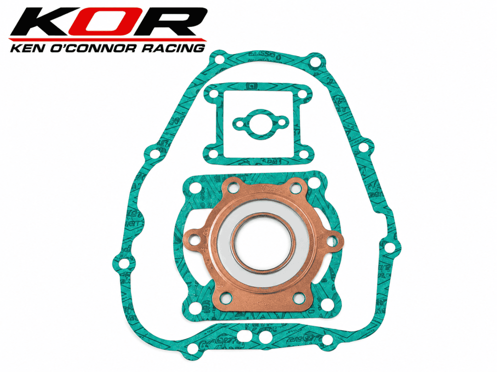 Yamaha Blaster engine gasket set in packaging with green cover gaskets and a copper-colored head gasket