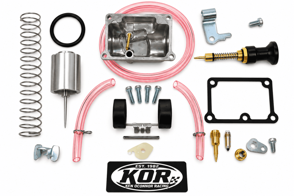 VM26 carb refresh kit with throttle slide, spring, float bowl, floats, choke plunger, seals, hoses and hardware on a white background