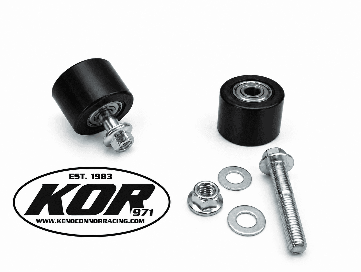 Two black Yamaha Blaster chain rollers with metal bearings, mounting bolts, nuts and washers on a white background.