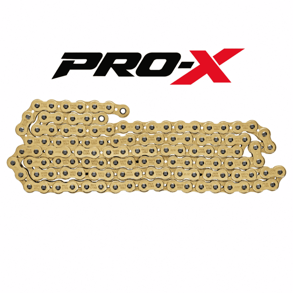 Pro-X gold 520 MX roller chain with 120 links on a white background