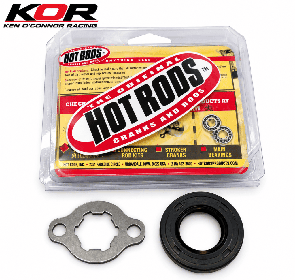 Yamaha Blaster output shaft seal and silver sprocket locking plate below Hot Rods packaging with the KOR logo