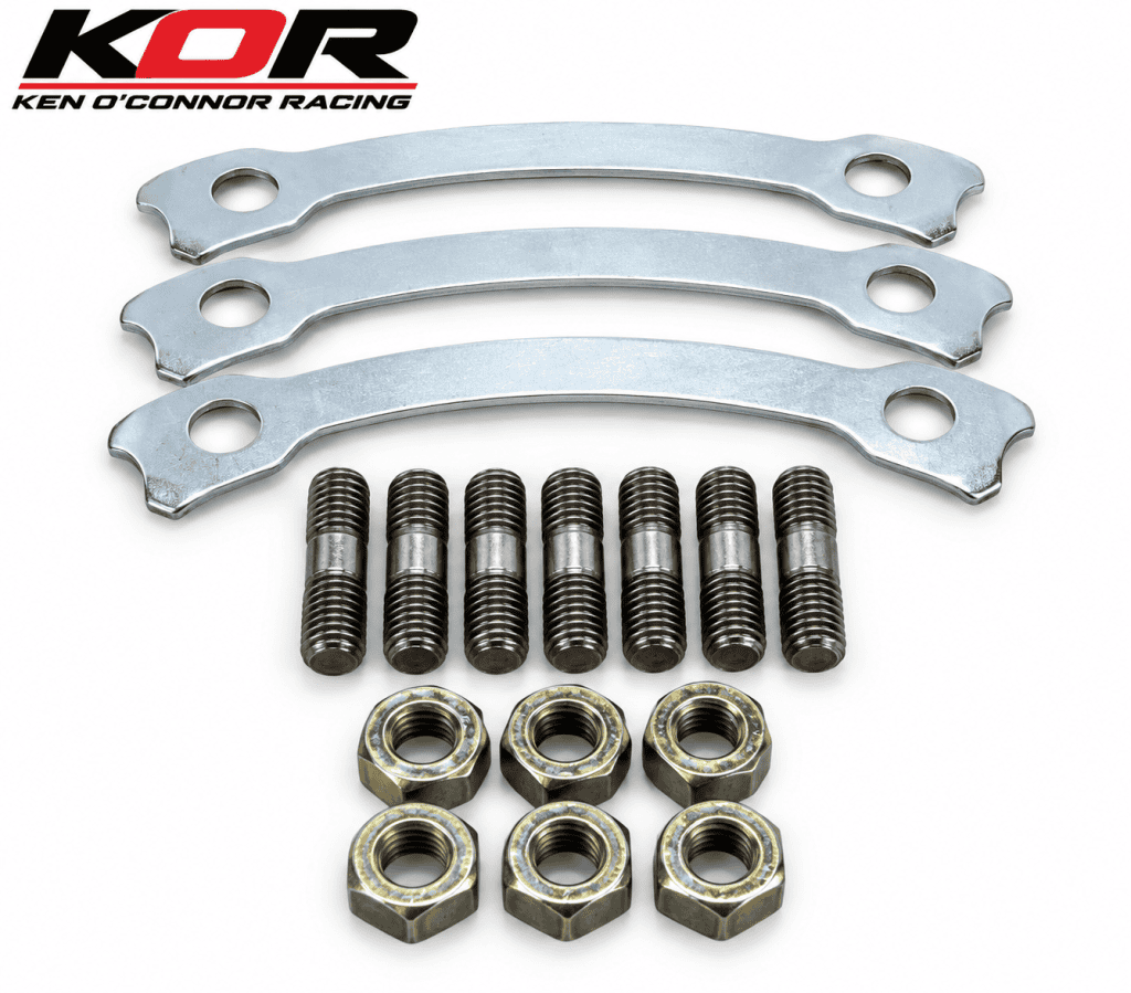 Yamaha Blaster rear sprocket mounting kit with curved locking plates, threaded studs and nuts on a white background with the KOR logo