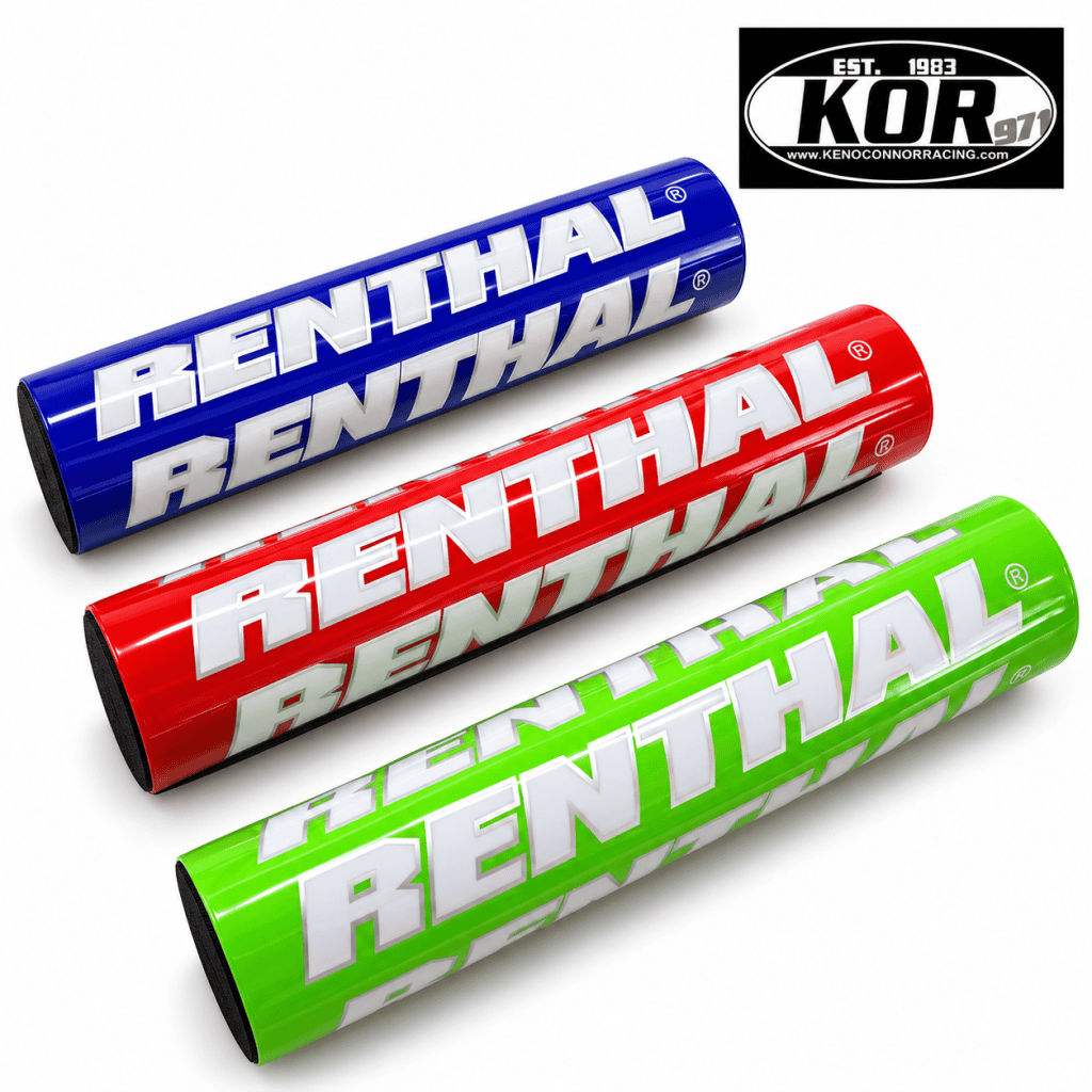 Red, blue and green Renthal-style Yamaha Blaster handlebar pads with KOR logo