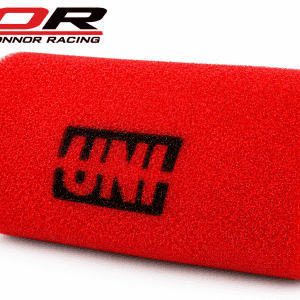 Red UNI two stage pod air filter with black UNI lettering and a metal mounting clamp on a white background