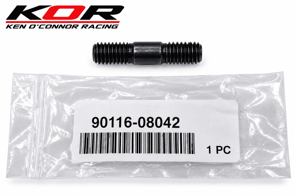 Genuine OEM Yamaha Blaster exhaust stud above a clear parts bag labeled 90116-08042 and 1 PC