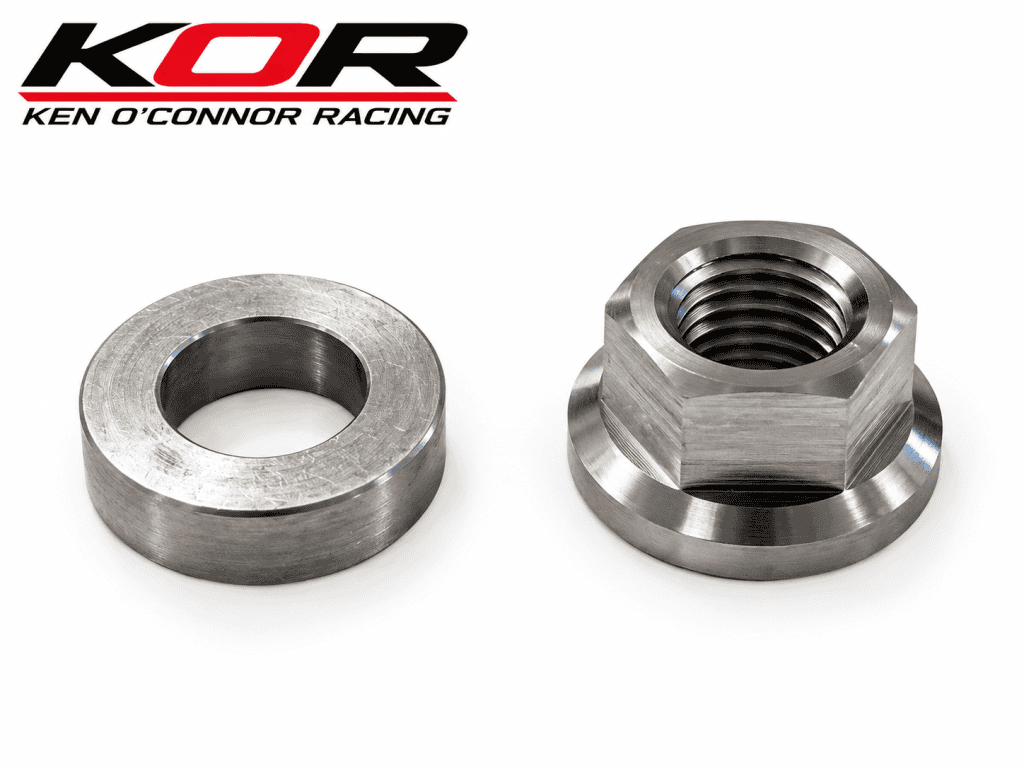Yamaha Blaster titanium flanged flywheel nut beside a steel washer on a white background beneath the KOR logo