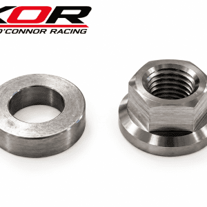 Yamaha Blaster titanium flanged flywheel nut beside a steel washer on a white background beneath the KOR logo